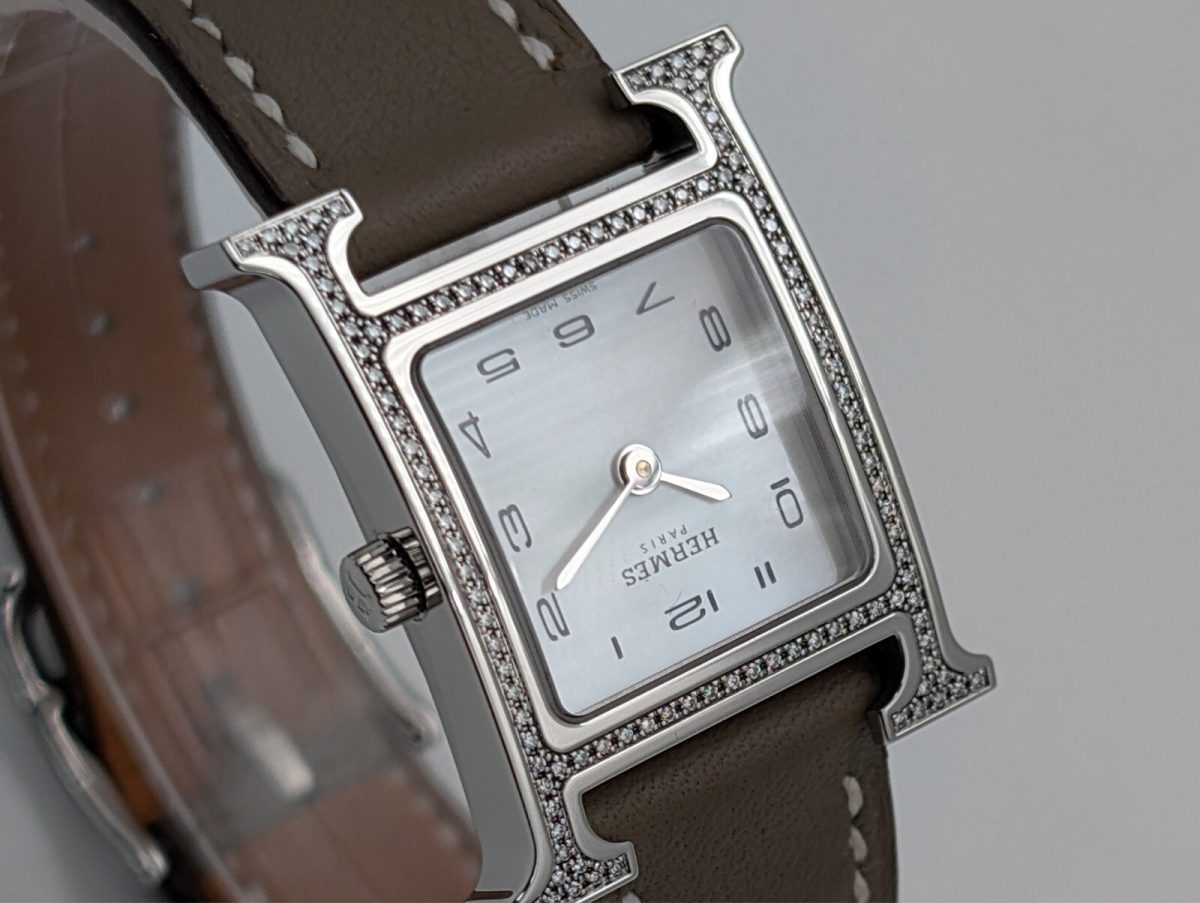 Hermès Hermes Heure H Ø30mm Diamond Fullset Stahl Uhr Perlmutt Dial HH1.235 #786