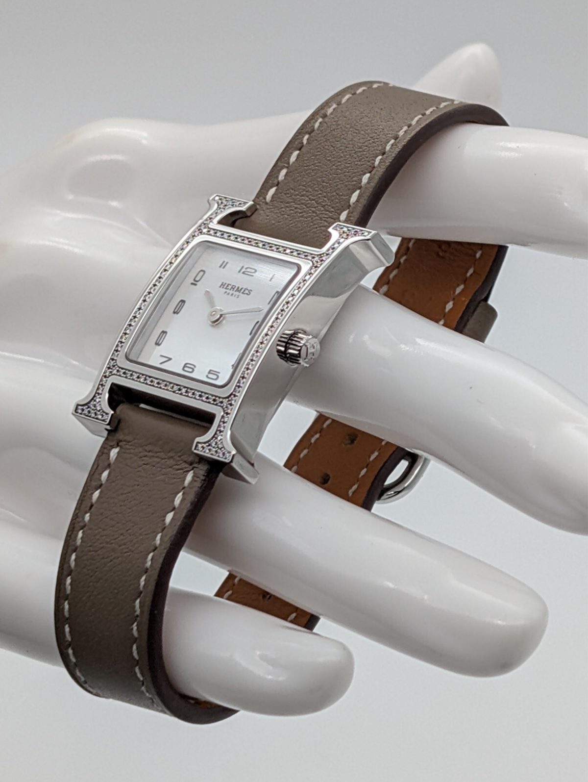 Hermès Hermes Heure H Ø30mm Diamond Fullset Stahl Uhr Perlmutt Dial HH1.235 #786
