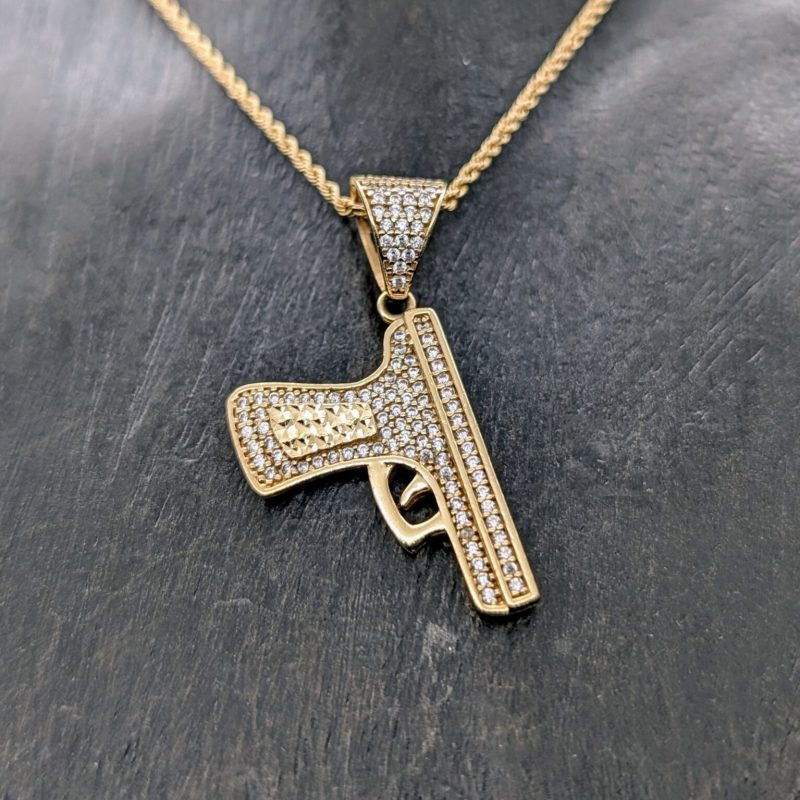 9mm Pistole Kanone Kettenanhänger Anhänger 585/14K Gelbgold 5,00Gr. #1125