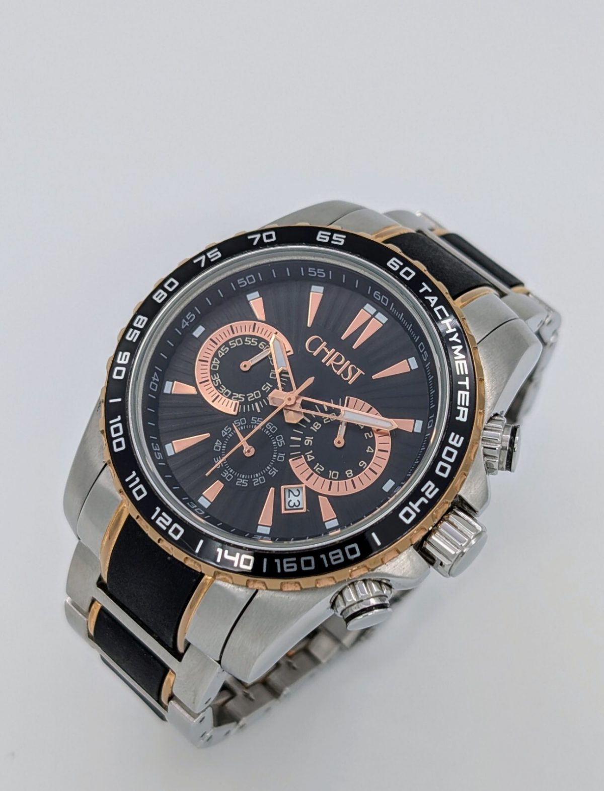 Christ Date Chronograph 100M Quarz Uhr Black Dial Stahl Ø45mm #779