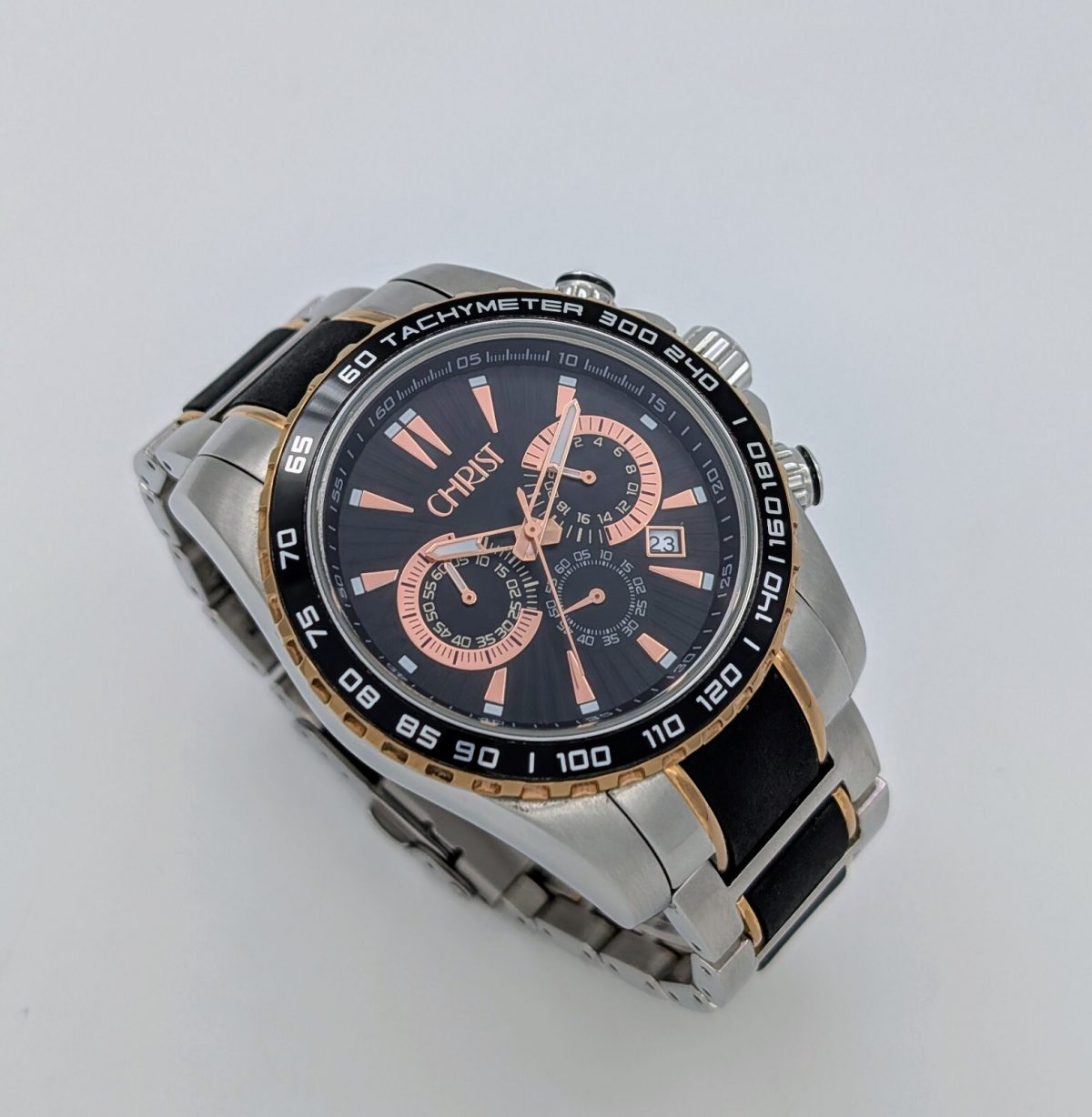 Christ Date Chronograph 100M Quarz Uhr Black Dial Stahl Ø45mm #779