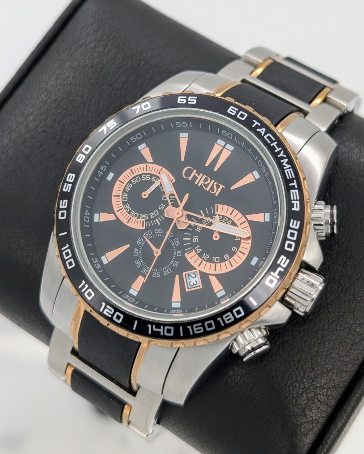 Christ Date Chronograph 100M Quarz Uhr Black Dial Stahl Ø45mm #779
