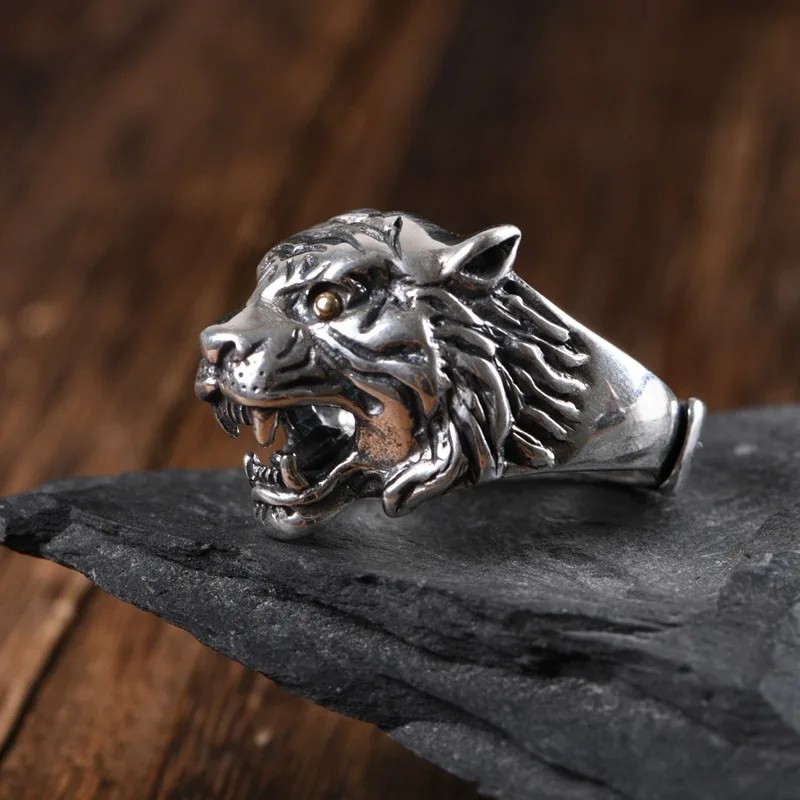 925 Sterling Silber Löwenring Ring Löwe Tiger - 14,00 g - Verstellbar #1422