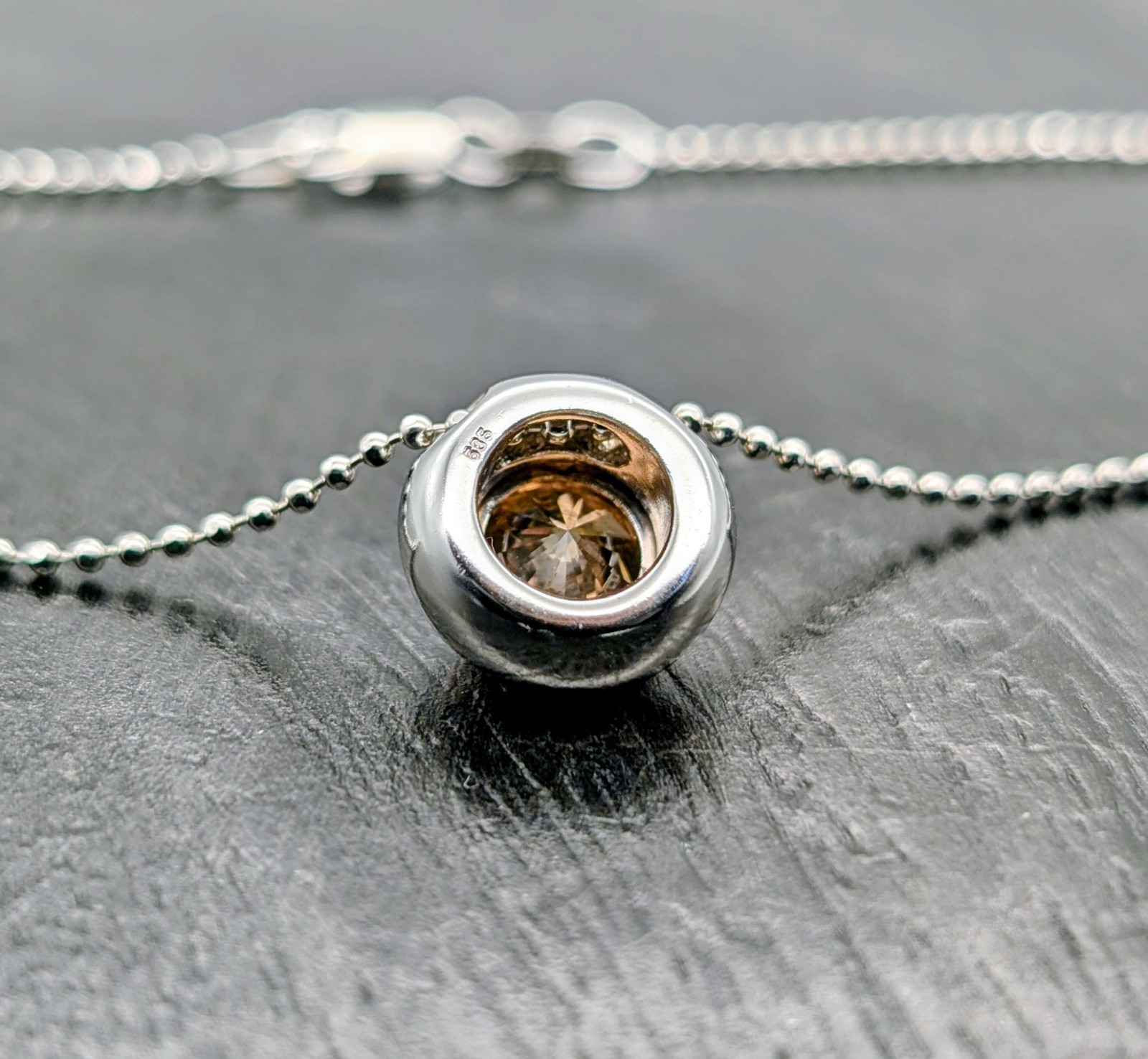 585/14K Weißgold 1,00ct Champagner Brillant Collier 6.15g Kugelkette 46cm #1557