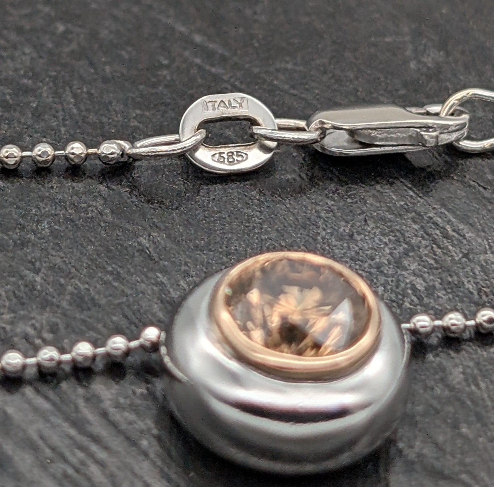 585/14K Weißgold 1,00ct Champagner Brillant Collier 6.15g Kugelkette 46cm #1557