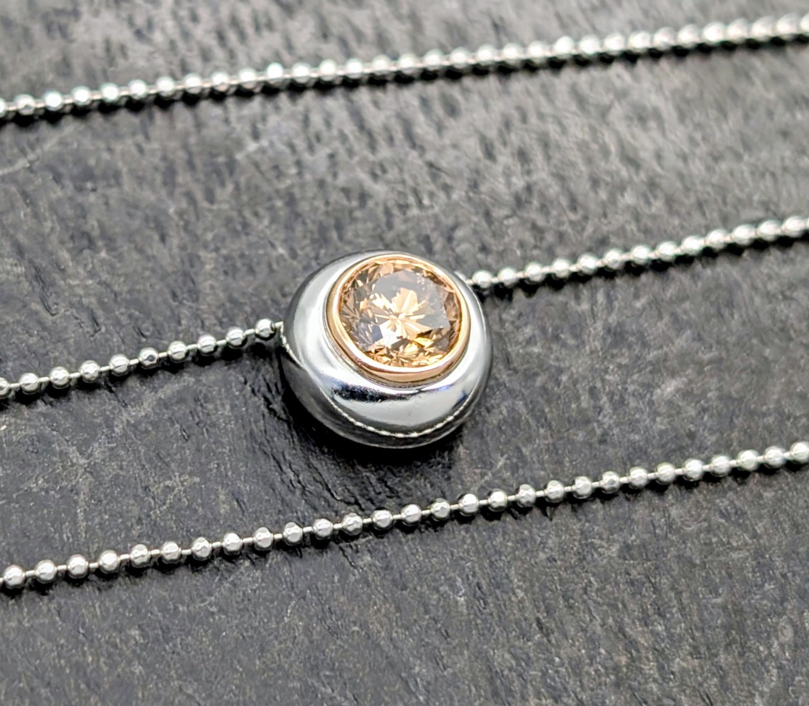 585/14K Weißgold 1,00ct Champagner Brillant Collier 6.15g Kugelkette 46cm #1557