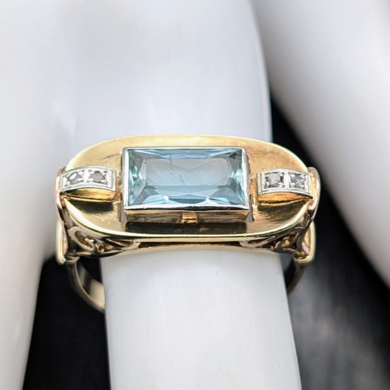 585/14K Gelbgold Vintage Brillant Aquamarin Damenring – 5,10 g – Größe 61 #1556