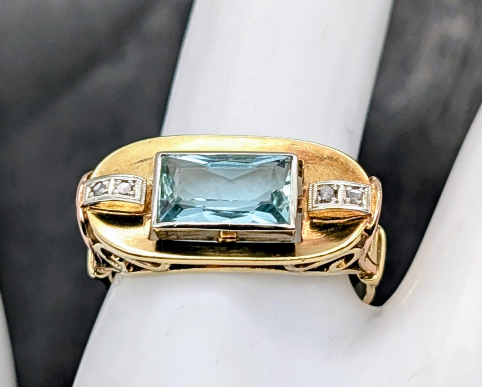 585/14K Gelbgold Vintage Brillant Aquamarin Damenring – 5,10 g – Größe 61 #1556