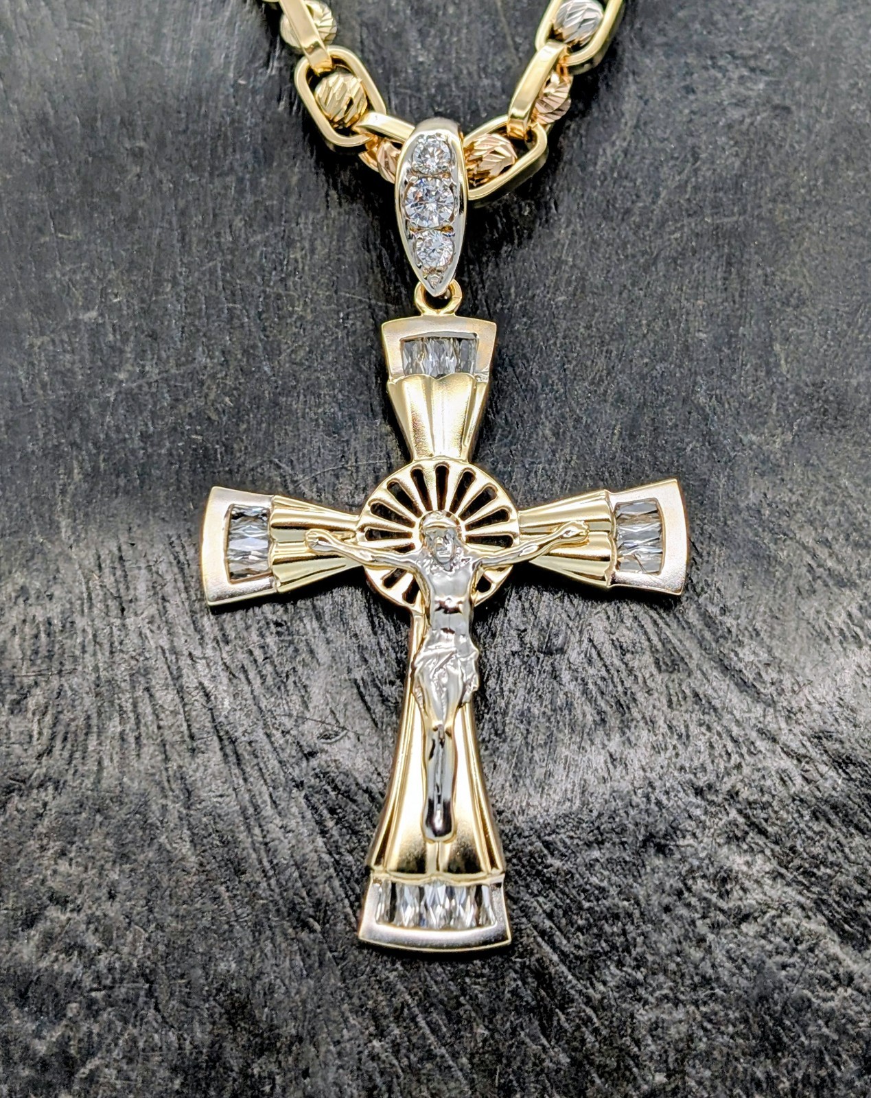 Anhänger Kreuz Jesus Zirkonia 585/14K Gelbgold – 12g – für Halsketten #2001
