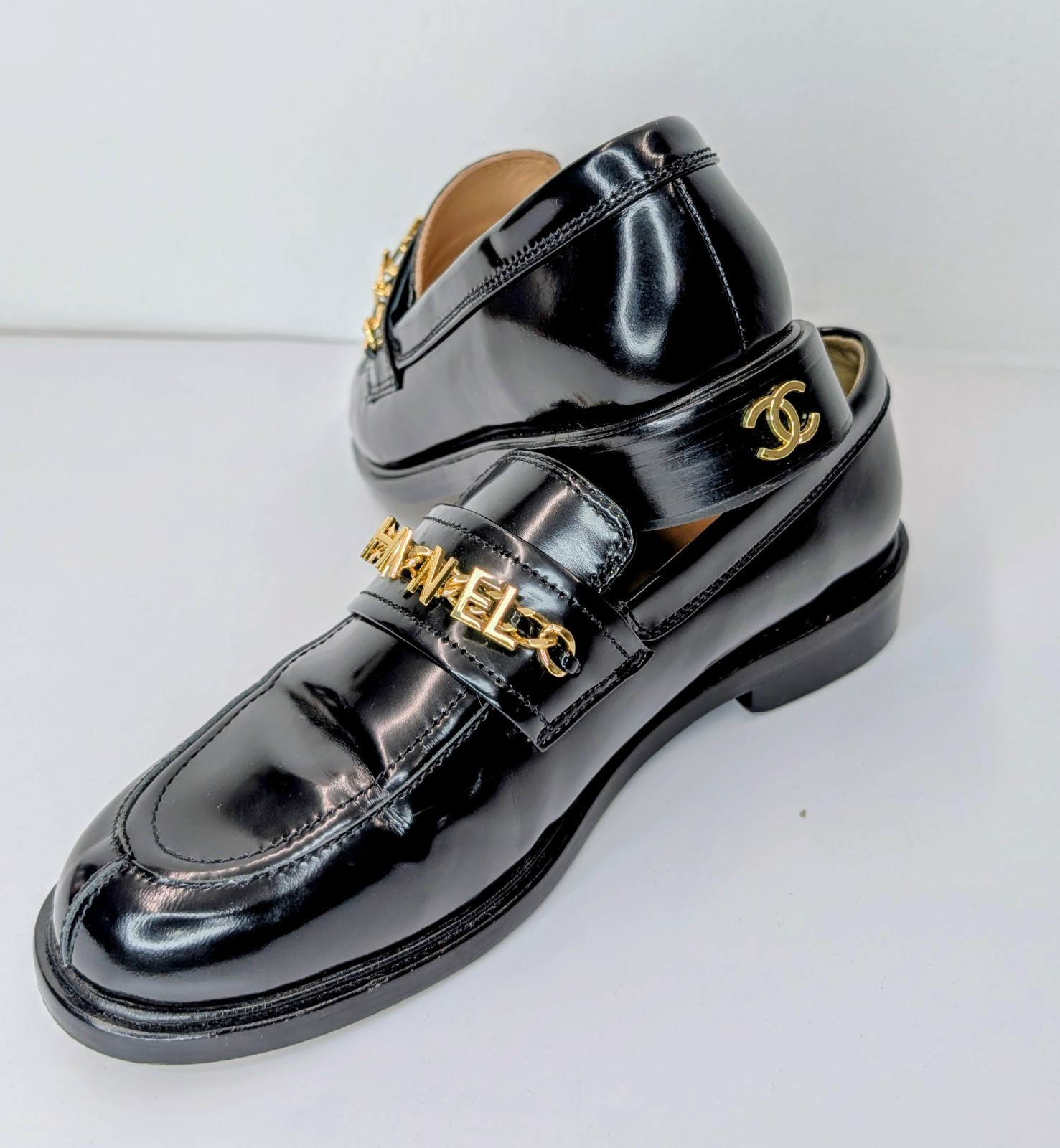 Chanel 21S Chain CC Loafers – Black Leather/Gold Chain Halbschuhe Schuhe #2069