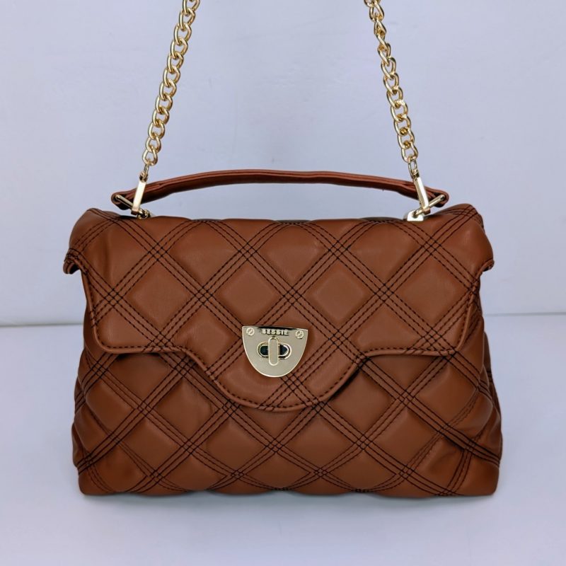 BESSIE Damen Handtasche – Braun Leder – 28 cm – Steppmuster – Goldkette #3089