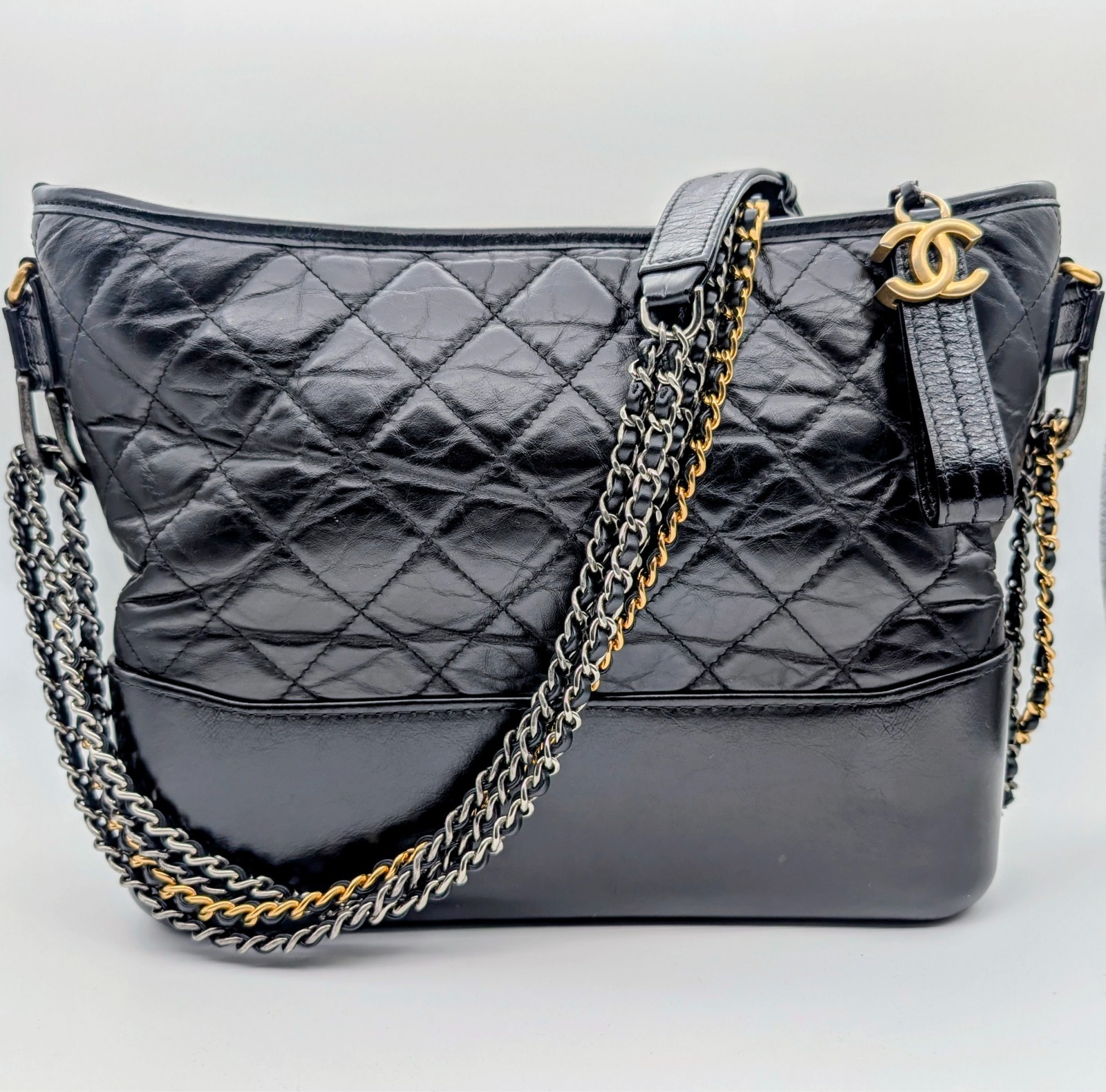 CHANEL Schultertasche Schwarz Leder Gesteppte Gabrielle Tasche #3085