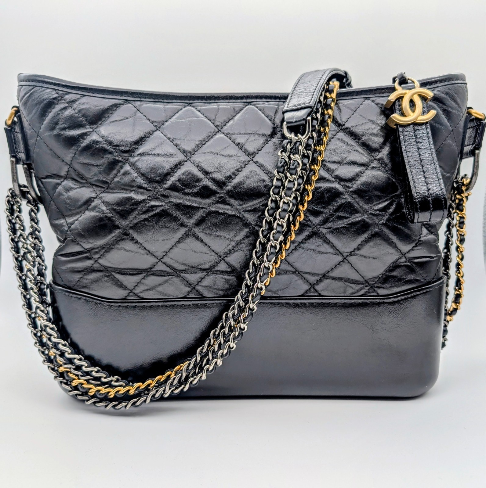CHANEL Schultertasche Schwarz Leder Gesteppte Gabrielle Tasche #3085