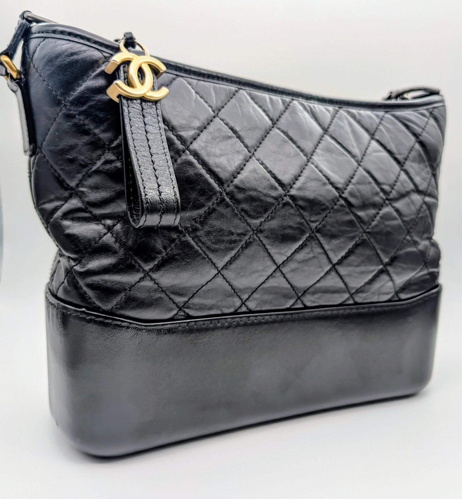 CHANEL Schultertasche Schwarz Leder Gesteppte Gabrielle Tasche #3085