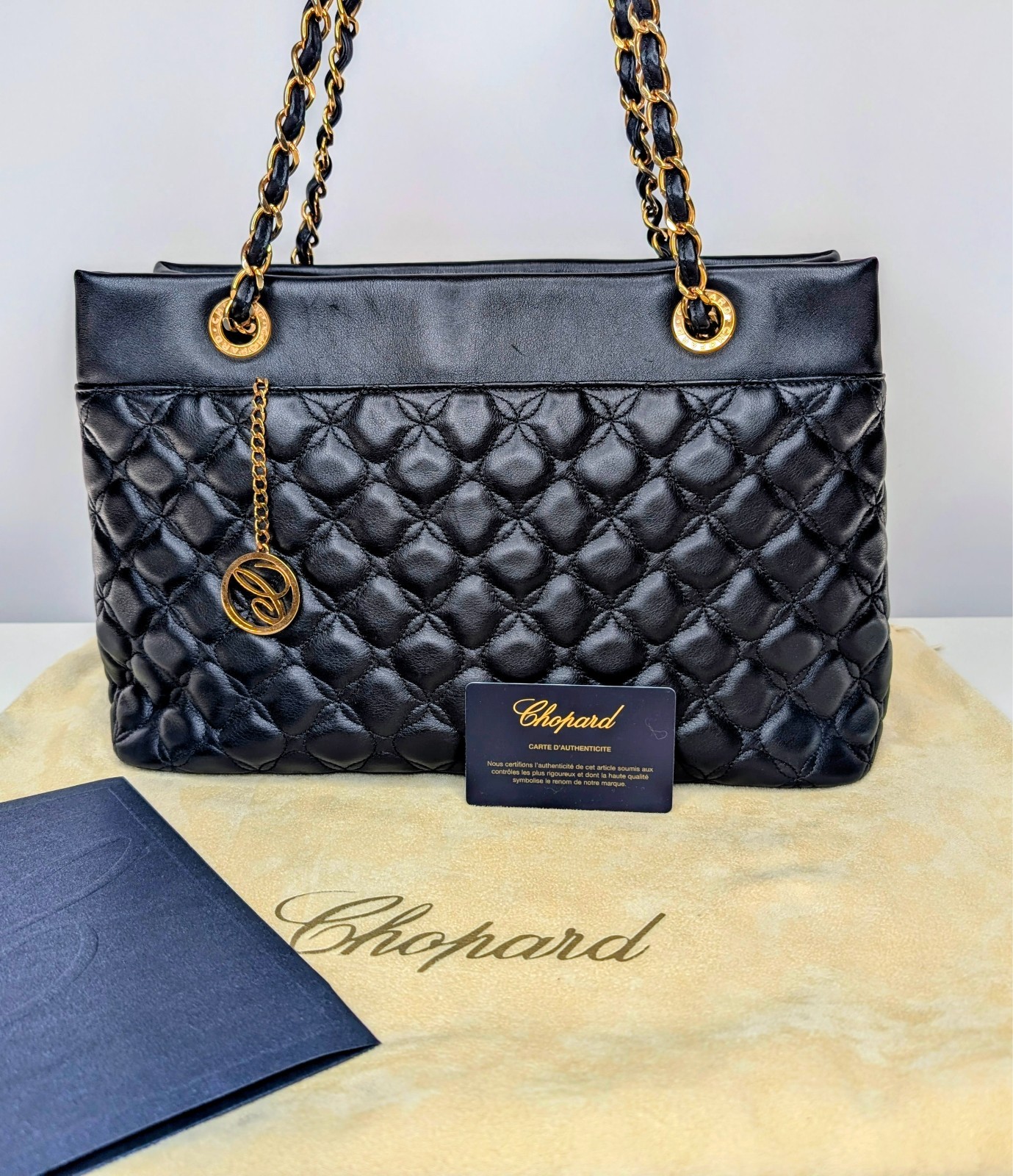 Chopard Imperiale Schultertasche – Schwarz Leder – Chain Strap Round Logo #3046