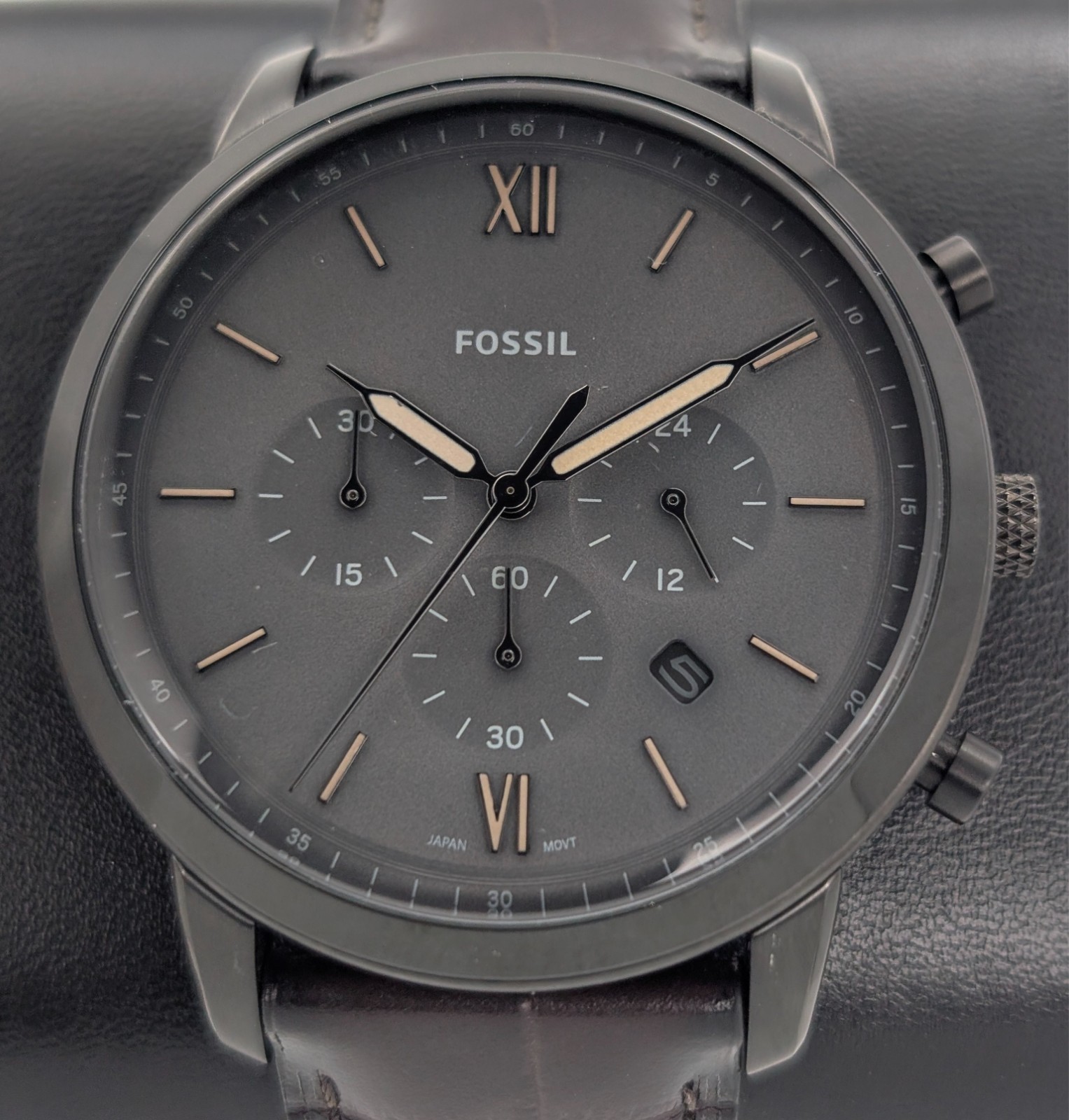Fossil FS5579 Chronograph Neutra uhr – Ø44mm Quarz Lederarmband Schwarz #3138