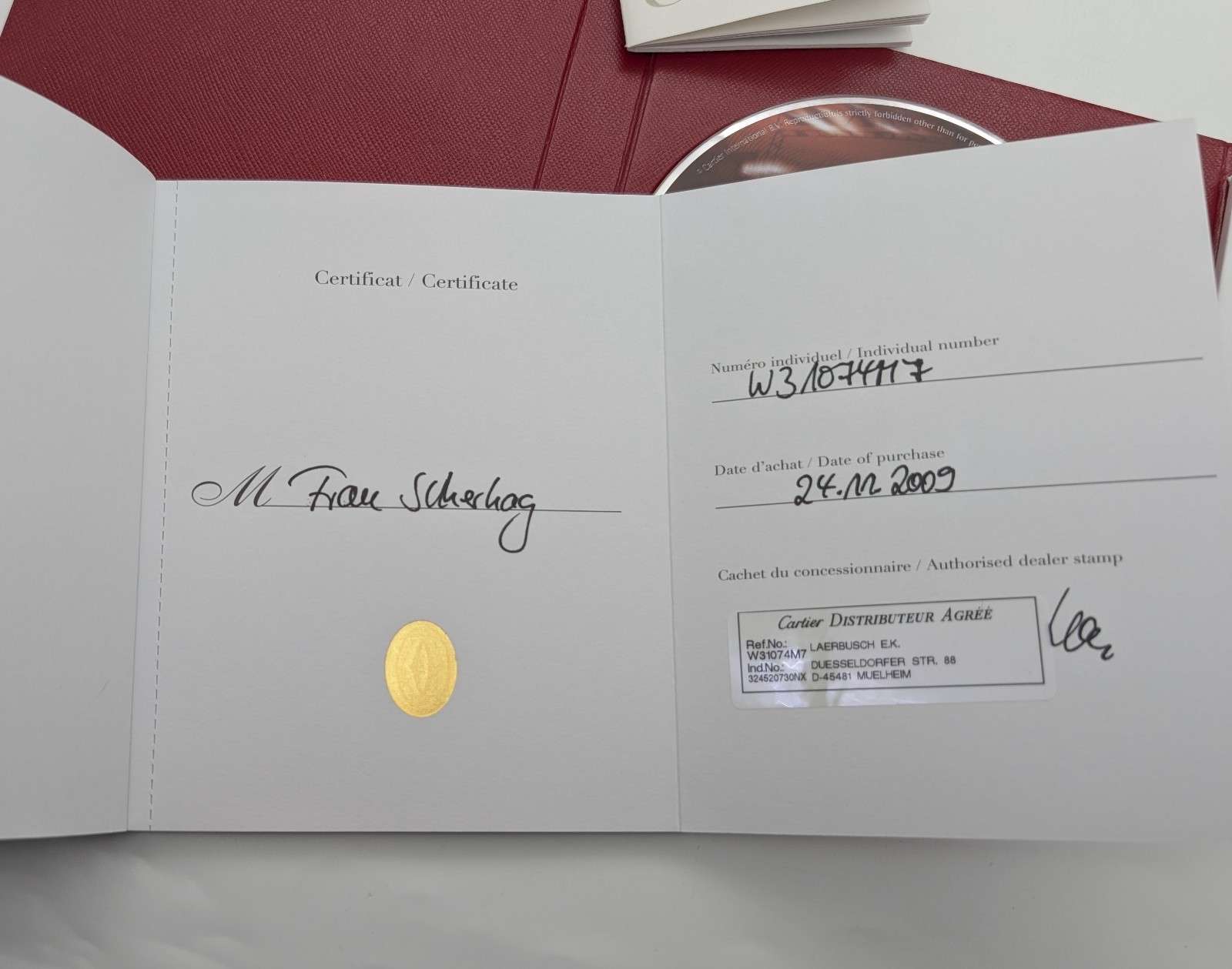 Original Cartier Zertifikat Pasha W31074117 & Dokumentenset mit DVD – 2009 #3338